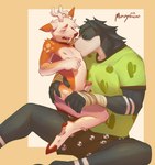 5_fingers anthro antlers arm_wraps athletic athletic_anthro athletic_male bandage black_body black_fur black_nose black_skin bottomwear brown_bottomwear brown_clothing brown_shorts butt butt_grab cactus cactus_flower cactus_print circumcised clothed clothing countershading duo eyes_closed facial_tuft fingers fur genitals glans green_clothing green_shirt green_topwear hair half-closed_eyes hand_on_butt hand_wraps hind_legs hooves horn humanoid_genitalia humanoid_penis leaning leaning_forward leg_grab long_ears looking_at_another male male/male markings narrowed_eyebrows narrowed_eyes nipple_fetish nipple_play nipple_suck nude open_mouth orange_body orange_fur penis pivoted_ears plant print_bottomwear print_clothing print_topwear raised_leg shirt short shorts simple_background sitting size_difference skull_print slim slim_anthro slim_male spots spotted_body spotted_fur spotted_markings spread_legs spreading striped_markings stripes sucking teeth thigh_grab tongue topwear tuft tusks unguligrade wraps wrist_wraps murizy bull_terrier canid canine canis deer domestic_dog hunting_dog mammal terrier 2025 absurd_res colored digital_drawing_(artwork) digital_media_(artwork) hi_res shaded watermark