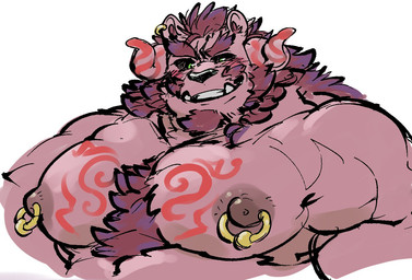 big_nipples black_sclera body_hair braided_hair braided_ponytail chest_hair corruption eyebrows facial_hair goatee hair horn long_hair male muscular muscular_arms mustache nipple_piercing nipples piercing ponytail solo thick_eyebrows womb_tattoo exe_exem lifewonders tokyo_afterschool_summoners chernobog_(tas) bear demon mammal digital_media_(artwork)