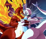 absurd_res action_pose anthro arskie198 big_breasts bodily_fluids breasts duo featureless_crotch female female/female fight fire flaming_tail generation_2_pokemon generation_8_pokemon gigantamax_charizard gigantamax_pokemon hi_res horn legendary_pokemon long_neck long_tail lugia muscular muscular_anthro muscular_female nintendo open_mouth pokemon pokemon_(species) pose sweat tail thick_thighs white_body wrestling