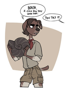 anthro bottomwear brown_body brown_fur brown_hair cargo_shorts clothing floppy_ears fossil fur grumpy hair half-closed_eyes kerchief male markings narrowed_eyes neckerchief neckwear paleontologist shorts simple_background solo spots spotted_body spotted_fur cadaverrdog phineas_(fleetwoodbrak) canid canine canis domestic_dog mammal andromorph_(lore) trans_(lore) trans_man_(lore)
