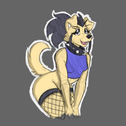 anthro black_hair blue_eyes bottomless bottomless_anthro bottomless_female clothed clothing collar crop_top eyeliner featureless_crotch female fishnet_clothing fishnet_legwear fishnet_thigh_highs fur grey_background hair leaning leaning_forward legwear looking_at_viewer makeup outline shirt simple_background smile smiling_at_viewer snaggle_tooth solo spiked_collar spikes tail thigh_highs topwear wearing_collar white_inner_ear white_outline yellow_body yellow_fur cecildeatrio cecile_(cecildeatrio) bird_dog canid canine canis domestic_dog golden_retriever hunting_dog mammal retriever 2025 digital_drawing_(artwork) digital_media_(artwork) hi_res sketch