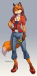 anthro biped blouse bottomwear breasts brown_hair chest_tuft clock clothing crop_top electronics female footwear fur gloves_(marking) gradient_background hair hand_on_hip high_heels leg_markings looking_at_viewer markings microphone midriff navel orange_eyes pants red_body red_fur shirt shoes simple_background socks_(marking) solo topwear tuft watch white_body white_fur saikono canid canine fox mammal