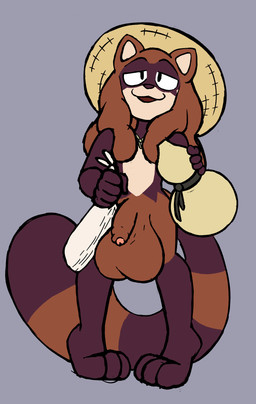 alcohol_bottle anthro asian_conical_hat balls beverage_bottle big_balls bottle brown_body brown_fur brown_hair burlap_sack clothing container countershade_torso countershading digitigrade feet foreskin fur genitals glans hair half-closed_eyes hat headgear headgear_only headwear headwear_only male markings mostly_nude narrowed_eyes partially_retracted_foreskin paws penis pointy_ears sake_bottle simple_background solo striped_markings striped_tail stripes tail tail_markings toes kauli huron_(kauli) canid canine mammal raccoon_dog tanuki absurd_res hi_res