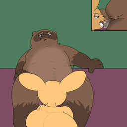 anthro belly belly_hair belly_overhang blue_eyes bodily_fluids body_hair brown_body brown_fur chest_hair cum cum_drip cum_on_face cum_string dripping duo ears_up fellatio fur furniture genital_fluids holding_object male male/male mature_male moobs multicolored_body multicolored_fur nipples obscured_oral obscured_penetration oral oral_penetration overweight penetration penile rear_view sex sitting size_difference sofa tongue tongue_out abyss_arts lagomorph leporid mammal procyonid rabbit raccoon 1:1