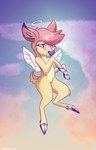 belly brown_body brown_hair cloud digitigrade female feral flying fur genitals hair hooves navel nude purple_eyes pussy semi-anthro sky solo wings muffinlicious helluva_boss deerie_(helluva_boss) angel deer mammal absurd_res hi_res