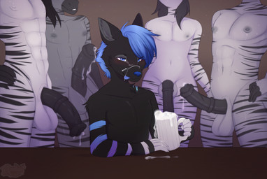 animal_genitalia animal_penis anthro balls black_body black_fur blue_eyes blue_hair bodily_fluids claws container cum cum_in_container cum_on_drink cum_on_face cup equine_genitalia equine_penis femboy fur genital_fluids genitals glass glass_container glass_cup group hair male male/male penis smile stripes tattoo white_body asusya deamonium_black_okami canid canine canis equid equine mammal wolf zebra hi_res