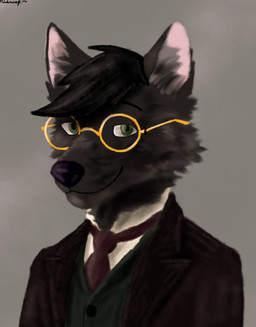 abstract_background anthro black_body black_fur clothing eyewear front_view fur glasses green_eyes male simple_background smile solo suit victorian dante_timberwolf danny_(wolfy) canid canine canis mammal wolf absurd_res hi_res portrait