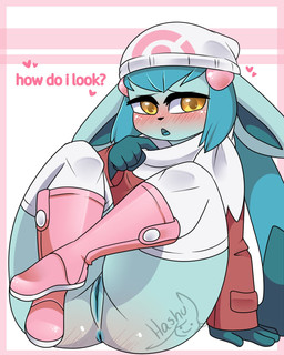 accessory amber_eyes anthro anthrofied anus beanie blue_body blue_fur blue_hair blush boots butt clitoris clothed clothing cosplay costume ears_down female footwear fur genitals gloves_(marking) hair hair_accessory hat headgear headwear heart_symbol humanoid_genitalia humanoid_vulva jacket legs_up legwear markings no_underwear open_mouth pink_clothing pink_footwear pivoted_ears pokemorph presenting presenting_vulva red_clothing shoes sitting solo stockings thigh_highs tongue topwear vulva white_clothing hashu nintendo pokemon fan_character vendetta_(hashu) canid eeveelution generation_4_pokemon glaceon mammal pokemon_(species) 2020 4:5 digital_media_(artwork) hi_res signature