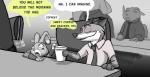 2016 anthro canid canine comic dialogue disney dravening english_text female fox hi_res judy_hopps lagomorph leporid male mammal monochrome nick_wilde rabbit text zootopia