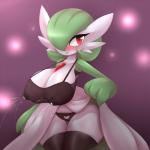 1:1 big_breasts blush bodily_fluids breasts clothed clothing clothing_lift dress dress_lift elfdrago female gardevoir generation_3_pokemon hi_res huge_breasts lactating lactating_through_clothing milk nintendo nipple_outline not_furry panties pokemon pokemon_(species) red_eyes solo standing underwear wet wet_clothing