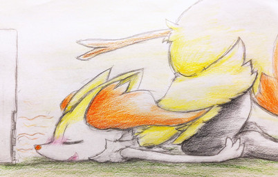 ambiguous_anthro ambiguous_gender anthro ass_up biped blush digitigrade dipstick_tail eyes_closed head_down lying markings nude_ambiguous nude_anthro object_in_tail on_front open_mouth open_smile side_view simple_background smile snout solo stick stick_in_tail tail tail_markings tongue eiroru nintendo pokemon braixen canid generation_6_pokemon mammal pokemon_(species) 2018 colored_pencil_(artwork) graphite_(artwork) hi_res japanese_description portrait three-quarter_portrait traditional_media_(artwork) translated_description