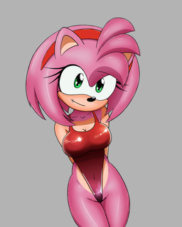 accessory anthro big_breasts biped black_nose breasts clothed clothing cute_fangs fangs female front_view fur green_eyes hair hair_accessory hairband hands_behind_back multicolored_body multicolored_fur navel_outline one-piece_swimsuit pink_body pink_fur pink_hair red_clothing red_one-piece_swimsuit red_swimwear short_hair simple_background skimpy_swimwear solo swimwear tan_body tan_fur teeth two_tone_body two_tone_fur jumpjump sega sonic_the_hedgehog_(series) amy_rose eulipotyphlan hedgehog mammal 2026 4:5 absurd_res hi_res