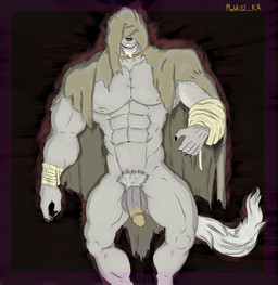 abs anthro balls bandage bandaged_arm beard big_balls brown_nose bulge claws clothing cosmic_background covered_face dress facial_hair fangs fur genitals glans gradient_background grey_body grey_fur illuminated long_penis long_tail machki macro_focus macro_male male mantle muscular muscular_anthro muscular_male nipples pecs penis pubes pubic_fuzz simple_background solo space space_background tail teeth thick_penis torn_clothing torn_dress vein veiny_penis machki12_ka elden_ring fromsoftware mythology gurranq_(elden_ring) canid canine canis humanoid mammal mythological_canine mythological_creature werecanid werecanine werecreature werewolf wolf absurd_res hi_res
