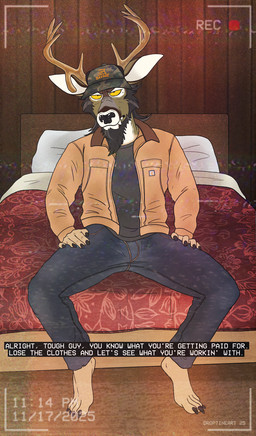 anthro antlers brown_body clothed clothing facial_hair fur hair hairy hat headgear headwear horn male redneck rough_trade soliciting solo text work_jacket droptineart foxmusk canid canine canis deer hybrid mammal new_world_deer white-tailed_deer wolf english_text hi_res