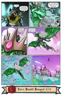 anthro border castle cloud crown dialogue female flying forest forest_background group headgear horn knight larger_female male nature nature_background nipple_outline plant size_difference sky smaller_anthro smaller_male spread_wings text tree warrior white_border wings markie mythology eve_(markie) jam_(markie) roy_(markie) arthropod bee canid canine dragon human humanoid hymenopteran insect mammal mythological_creature mythological_scalie scalie comic english_text hi_res