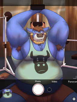 anthro armpit_hair belly blue_body blush body_hair bottomwear clothing exercise male musclegut muscular overweight overweight_anthro overweight_male shirt shorts solo text topwear workout alfredblaze bovid bovine cattle mammal 2021 english_text hi_res