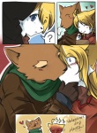 anthro blonde_hair blush brown_body brown_fur candy chibi dessert duo embarrassed female food fur hair heart_symbol holidays kiss_on_lips kissing licking licking_lips male question_mark romantic romantic_couple self_lick simple_background surprise_kiss tongue tongue_out white_body white_fur kubikitsune valentine's_day kubikitsune_(character) rudolf_(kubikitsune) canid canine canis domestic_dog fox mammal comic digital_media_(artwork) hi_res