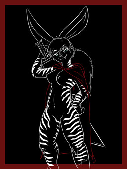 anthro blue_eyes breasts cloak clothing dark fangs female melee_weapon nipples nude pubes smile solo stripes sword teeth weapon pmoss lagomorph leporid mammal rabbit 3:4