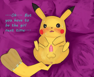 anus balls bedding bedroom blush blush_lines bodily_fluids feral fur genital_fluids genitals lying male on_back penis precum presenting solo sweat sweatdrop tapering_penis yellow_body yellow_fur newdlz nintendo pokemon generation_1_pokemon mammal mouse murid murine pikachu pokemon_(species) rodent