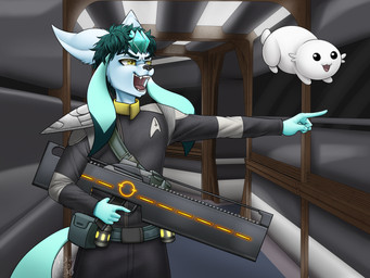 anthro anthrofied armor bandolier belt belt_buckle bottomwear buckle clothing dark_hair gesture hand_gesture holding_object holding_weapon male moopsy open_mouth pants pauldron pointing pokemorph pouch_(clothing) solo tail topwear weapon yellow_eyes pearl123_art nintendo pokemon star_trek star_trek_online jace_(tamashii) eeveelution generation_4_pokemon glaceon pokemon_(species) 4:3 absurd_res hi_res