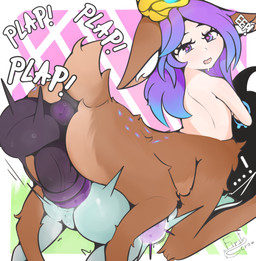 anal anal_penetration animal_genitalia animal_penis anus balls big_balls bodily_fluids cum cum_inside dialogue duo ellipsis equine_anus equine_genitalia equine_penis exclamation_point female female_penetrated genital_fluids genitals gynomorph gynomorph/female gynomorph_penetrating hair heart_eyes heart_symbol huge_balls intersex intersex/female intersex_penetrating penetration penis puffy_anus purple_hair shortstack shortstack_female size_difference sound_effects taur_penetrating firstcrow league_of_legends riot_games tencent lillia_(lol) vex_(lol) deer deer_taur mammal mammal_taur taur yordle absurd_res hi_res