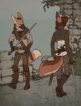 anthro dagger duo female male melee_weapon plantigrade ruins sizing_up sword tail weapon bix707 canid canine mammal maned_wolf hi_res