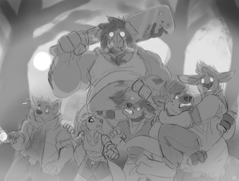 anthro bared_teeth beard belly big_belly blood bodily_fluids clothed clothing facial_hair female female_anthro flashlight front_view group holding_another holding_flashlight holding_object holding_weapon male male_anthro moon mouth_closed night open_mouth outside overweight overweight_anthro overweight_male plant size_difference tree weapon solaxe_(artist) dead_by_daylight dunothewolf_(character) reirun solaxe canid canine kangaroo macropod mammal marsupial suid suine hi_res monochrome sketch