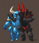 ambiguous_form ambiguous_gender armor clothing duo front_view grey_background hug knight manly not_furry simple_background standing warrior arkalpha shovel_knight yacht_club_games black_knight_(shovel_knight) shovel_knight_(character) ambiguous_species