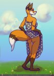 anthro blue_clothing blue_dress butt clothed clothing clothing_lift dress dress_lift female flashing flashing_butt fur looking_at_viewer looking_back no_underwear pattern_clothing raised_clothing raised_dress simple_background smile solo lirkov canid canine fox mammal red_fox true_fox 2019 digital_media_(artwork) hi_res