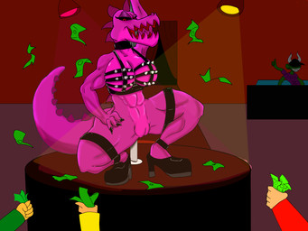 anthro big_breasts breasts dancing disembodied_hand fangs female genitals group money muscular muscular_female non-mammal_breasts open_mouth pink_vulva pole pole_dancing simple_background smile solo_focus strip_club stripper stripper_pole teeth tipping vulva unknown_artist adult_swim cartoon_network rick_and_morty interstellar_demon_stripper reptile scalie 2017 4:3 digital_media_(artwork) hi_res