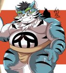 anthro asian_clothing belly blue_body blue_fur blush clothing east_asian_clothing fur humanoid_hands japanese_clothing kemono male mawashi moobs overweight overweight_male solo sumo white_body white_fur yamatoji201 sengoku_puzzle raiden_shin'emon felid mammal pantherine tiger 2022 absurd_res hi_res