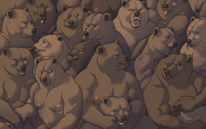 anthro brown_body brown_fur brown_nose burly caricature crowd deformed_face fur group hug licking_nose male muscular muscular_male nipples petting pink_nipples pink_tongue roaring silly silly_face smile tongue tongue_out ravuer bear mammal 16:10 hi_res widescreen