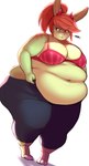 2016 3_toes anthro belly belly_overhang belly_rolls bottomwear bra breasts chubby_cheeks cleavage clothed clothing dialogue double_chin fat_rolls feet female front_view green_body hair hi_res holding_bottomwear holding_clothing holding_object holding_pants lagomorph leporid mammal navel obese obese_anthro obese_female open_bottomwear open_clothing open_pants orange_hair overweight overweight_anthro overweight_female pants partially_clothed pewbutt ponytail rabbit simple_background solo standing tight_bottomwear tight_clothing tight_pants toes topless topless_anthro topless_female underwear white_background yellow_belly