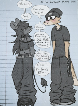 anthro anthro_on_anthro beanie bell bell_collar black_bottomwear black_clothing black_collar black_hair black_pants black_shirt black_t-shirt black_topwear blush bottomwear clothing collar crop_top dialogue dipstick_tail duo eye_contact female female_anthro fur grey_body grey_fur hair hair_over_eyes hands_behind_back hands_in_both_pockets hat headgear headwear long_hair looking_at_another male male/female male_anthro markings pants shirt simple_background speech_bubble standing t-shirt tail tail_markings talking_to_another tan_body tan_fur text topwear wearing_collar critteremitter critter_(critteremitter) travis_(critteremitter) mammal murid murine rat rodent 2025 digital_media_(artwork) digital_painting_(artwork) english_text hi_res painting_(artwork) traditional_media_(artwork) trans_(lore) trans_woman_(lore)