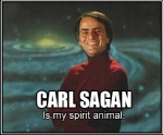 brown_hair clothed clothing crossed_arms detailed_background galaxy grin hair high_on_moon_rocks human_only humor male not_furry smile solo space spacescape spirit_animal sweater text topwear turtleneck unknown_artist carl_sagan human mammal english_text grandfathered_content image_macro impact_(font) lol_comments low_res meme