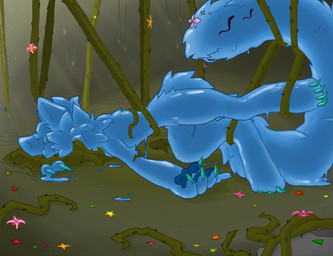 >~< ambiguous_gender anthro blue_body claws dripping floral flower forest forest_background glistening glistening_body gradient_background hair hanging_by_feet kemono legs_up light living_tail long_tail nature nature_background neck_tuft pawpads paws plant shadow short_ears simple_background sleeping slime solo star sticky tail teal_claws thorns translucent translucent_body translucent_hair tree tuft unusual_anatomy unusual_tail vines kemoniko54 elemental_creature flora_fauna goo_creature unknown_species shaded shaded_line_art