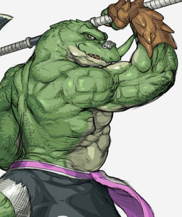 abs anthro armor axe belt biceps bottomwear clothed clothing fangs flexing gauntlets gloves green_body green_skin grey_eyes handwear horn looking_at_viewer looking_back male melee_weapon musclegut muscular muscular_anthro muscular_male pants pecs sash scales simple_background slightly_chubby solo tail teeth topless vein weapon white_background unknown_artist brave_story_new_traveler sogreth lizard reptile scalie