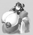 ankama anthro bear big_breasts blush breasts clothing conditional_dnp dofus exposed_breasts female greyscale hair huge_breasts lips mammal monochrome nipples ourflatcoat overweight overweight_anthro overweight_female pandawa pandawa_queen smile solo wakfu
