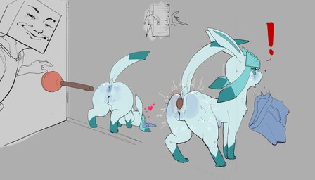 anal anal_penetration anus biped blue_anus blue_blush blue_body blue_butt blue_ears blue_eyes blue_fur blue_tail blue_vulva blush bodily_fluids butt clothing duo exclamation_point feet female feral fur genitals grey_background heart_symbol long_ears long_tail looking_at_viewer male nude penetration plunger quadruped simple_background standing sweat tail tears toes vulva skeleton265 nintendo pokemon eeveelution generation_4_pokemon glaceon human mammal pokemon_(species) 2025 hi_res