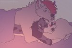 anthro bed bedding blanket cuddling dark duo fur furniture hair intimate male male/male pillow pink_hair white_body white_fur celestialwolfarts luke_reinhard canid canine canis collie domestic_dog herding_dog mammal pastoral_dog sheepdog wolf