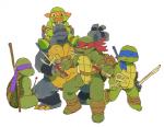 eyes_closed green_eyes group horn male mask melee_weapon open_mouth sai simple_background sitting standing sword weapon white_background rokuyon teenage_mutant_ninja_turtles donatello_(tmnt) leonardo_(tmnt) michelangelo_(tmnt) raphael_(tmnt) slash_(tmnt) reptile scalie turtle 2017