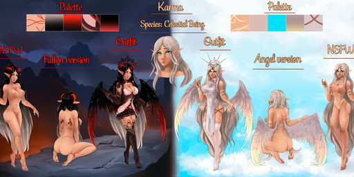 accessory big_breasts blush bracelet breasts butt clothing cloud costume detailed_background feet female fire genitals group hair heaven hell humanoid_genitalia humanoid_pointy_ears jewelry karma legwear mountain nipples not_furry nude open_mouth pointy_ears sky smile solo stockings text toes vulva wings narikusha angel demon elf human humanoid mammal absurd_res digital_media_(artwork) english_text hi_res model_sheet