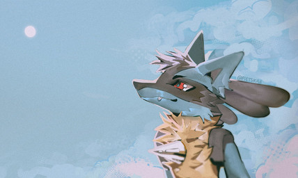 anthro cute_fangs fangs fur looking_at_sky male painted_background pietskaa_(artist) red_eyes sky smile solo sun teeth nintendo pokemon generation_4_pokemon lucario pokemon_(species) 2025 digital_media_(artwork) painting_(artwork)