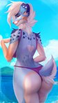 anthro bikini blue_body blue_fur breasts butt clothed clothing day female floppy_ears fur hair heart_(marking) looking_back markings mountain outside partially_clothed rear_view sky smile solo swimwear two-piece_swimsuit water white_body white_fur white_hair veliren_rey frost_(electronicsergal) australian_shepherd canid canine canis domestic_dog herding_dog mammal pastoral_dog sheepdog 2022 hi_res