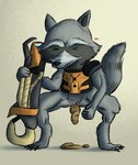 anthro armor clothing crouching feces feces_pile fur grey_body grey_fur gun holding_object holding_weapon male narrowed_eyes pooping pooping_on_floor ranged_weapon scatplay simple_background solo squint topwear weapon jubb guardians_of_the_galaxy marvel rocket_raccoon mammal procyonid raccoon 2018 signature