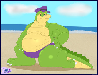 anthro beach belly big_belly biped clothing green_body hat headgear headwear male moobs outside overweight overweight_male purple_clothing purple_hat purple_headwear purple_speedo purple_swimwear smile solo speedo swimwear dobietakahama brok_the_investigator cowcat_games brok_(brok_the_investigator) alligator alligatorid crocodilian reptile scalie 2025 hi_res
