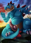 2018 3_toes 4_fingers animal_genitalia attack barely_visible_creature battle challenge claws crocodilian detailed_background digital_media_(artwork) duo erection feet feraligatr fingers generation_2_pokemon generation_3_pokemon genital_slit genitals grass hi_res knot lily_pad looking_at_viewer lotad male muscular muscular_male nintendo nude outside penis plant pokemon pokemon_(species) reptile river scalie sky slit_(disambiguation) solo_focus sunset toe_claws toes water whelpsy