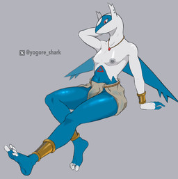 5_toes anklet anthro anthrofied armor blue_body bottomwear bracers clothing digit_ring ear_piercing feet femboy foot_focus grey_background humanoid_feet jewelry loincloth male nipples piercing plantigrade pokemorph ring simple_background solo toe_ring toes white_body yogore_shark nintendo pokemon generation_3_pokemon latios legendary_pokemon pokemon_(species) absurd_res hi_res