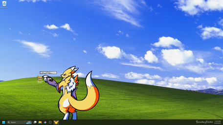 anthro blue_sky breasts butt female fur outside rear_view sky solo tail text yellow_body yellow_fur smokey_blokey bandai_namco bliss_(image) digimon microsoft microsoft_windows windows_xp canid digimon_(species) mammal renamon 2025 absurd_res adversarial_noise digital_media_(artwork) english_text hi_res