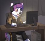 4_fingers anthro canid canine canis domestic_dog dvixie fingers hair heterochromia male mammal open_mouth purple_hair smile solo teeth tongue
